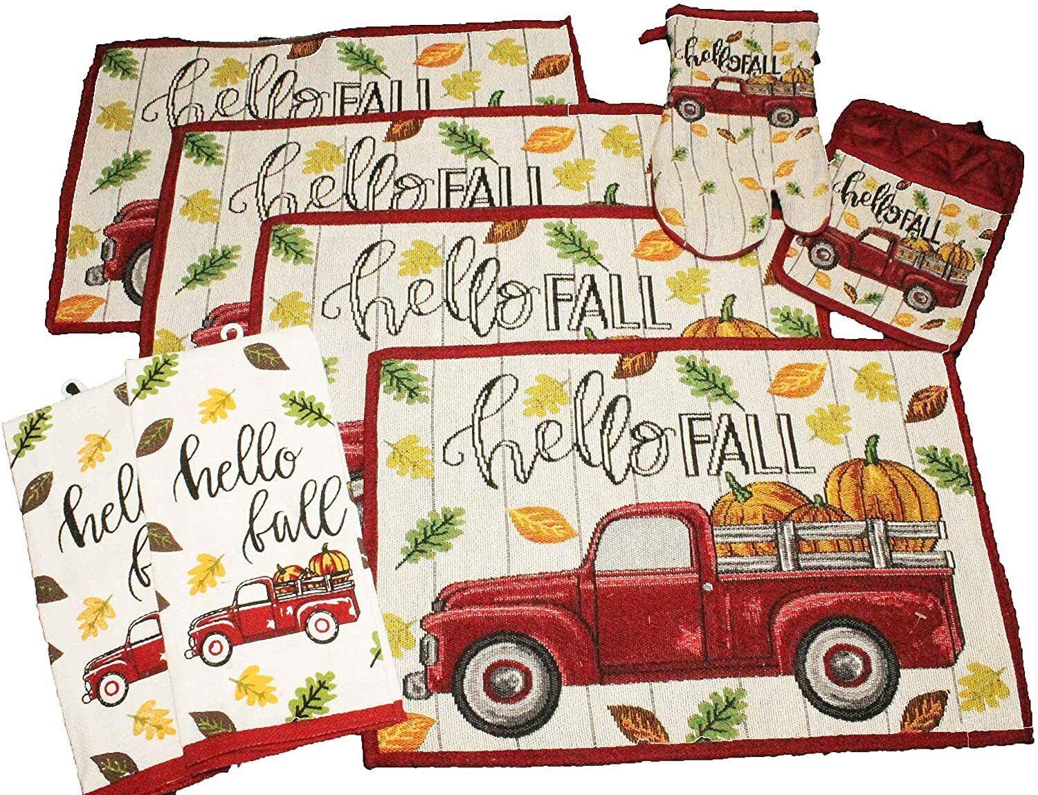 8 pc Vintage Truck Fall Kitchen Decor Set - Hello Fall - Matching Fall Placemats, Kitchen Towels, Pot Holder, and Oven Mitt - Comes in an Organza Bag so It's Ready for Giving!