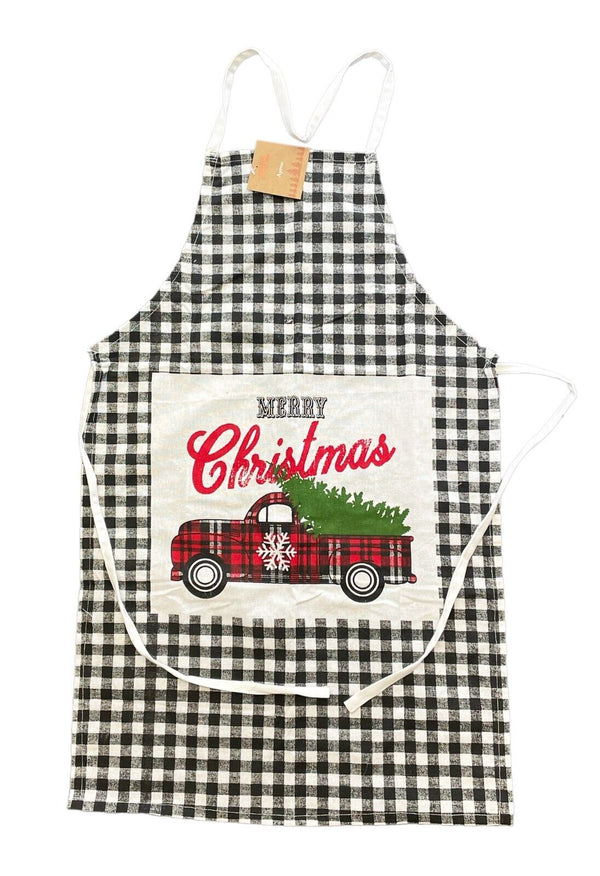 Womens Merry Christmas Apron, Canvas Tie Back For Women or Men - Buffalo Plaid