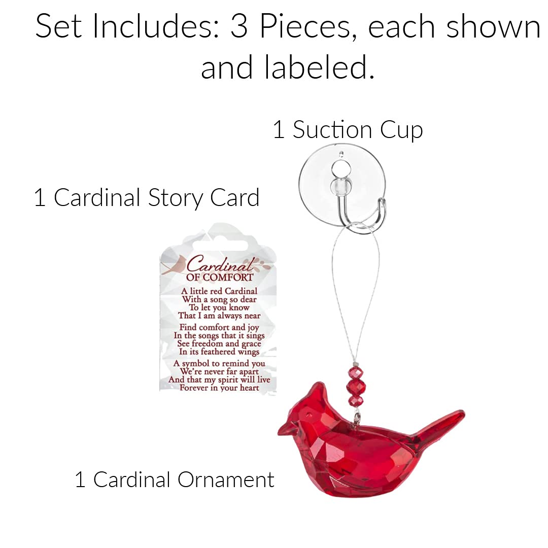 Memorial Cardinal Ornament Gift Red Bird Hanging Crystal Window Decor, Story Card and Suction Cup, Sign of a Visitor from Heaven (Cardinal Of Comfort)