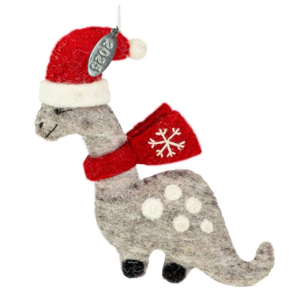 Dinosaur Christmas Ornament, Dinosaur Gift for Boys, Cute Brontosaurus with Red Scarf, Felted Felt Wool Fair Trade, Hand Felted Made in Nepal-Comes in a Gift Box