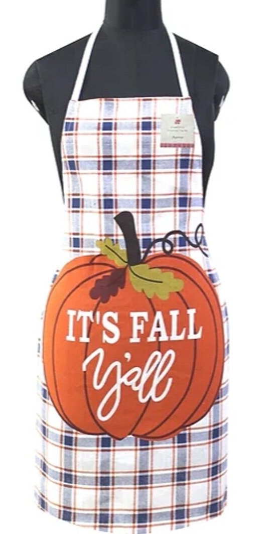 Women's Cooking Apron, 100% Cotton It's Fall Y'all Yall Pumpkins Design Tie Back