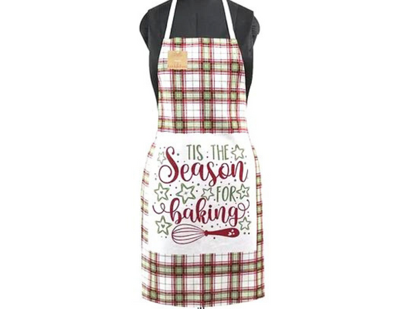 Womens "Tis The Season For Baking" Apron, Canvas Tie Back, Cute Christmas Plaid