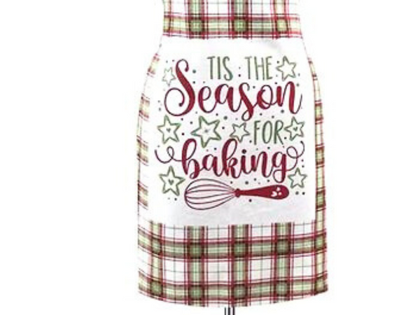 Womens "Tis The Season For Baking" Apron, Canvas Tie Back, Cute Christmas Plaid