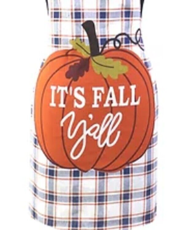 Women's Cooking Apron, 100% Cotton It's Fall Y'all Yall Pumpkins Design Tie Back