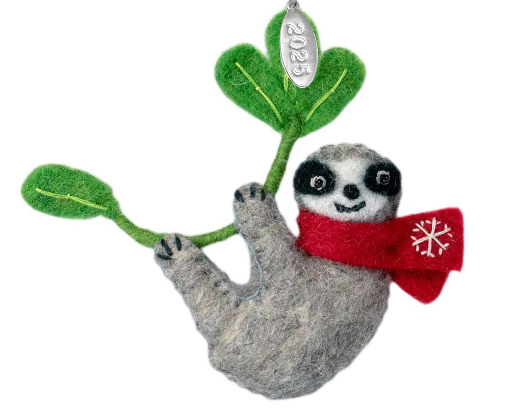 Felt Sloth Christmas Ornament 2025 - Fair Trade, Made in Nepal - Comes in a Gift Bag