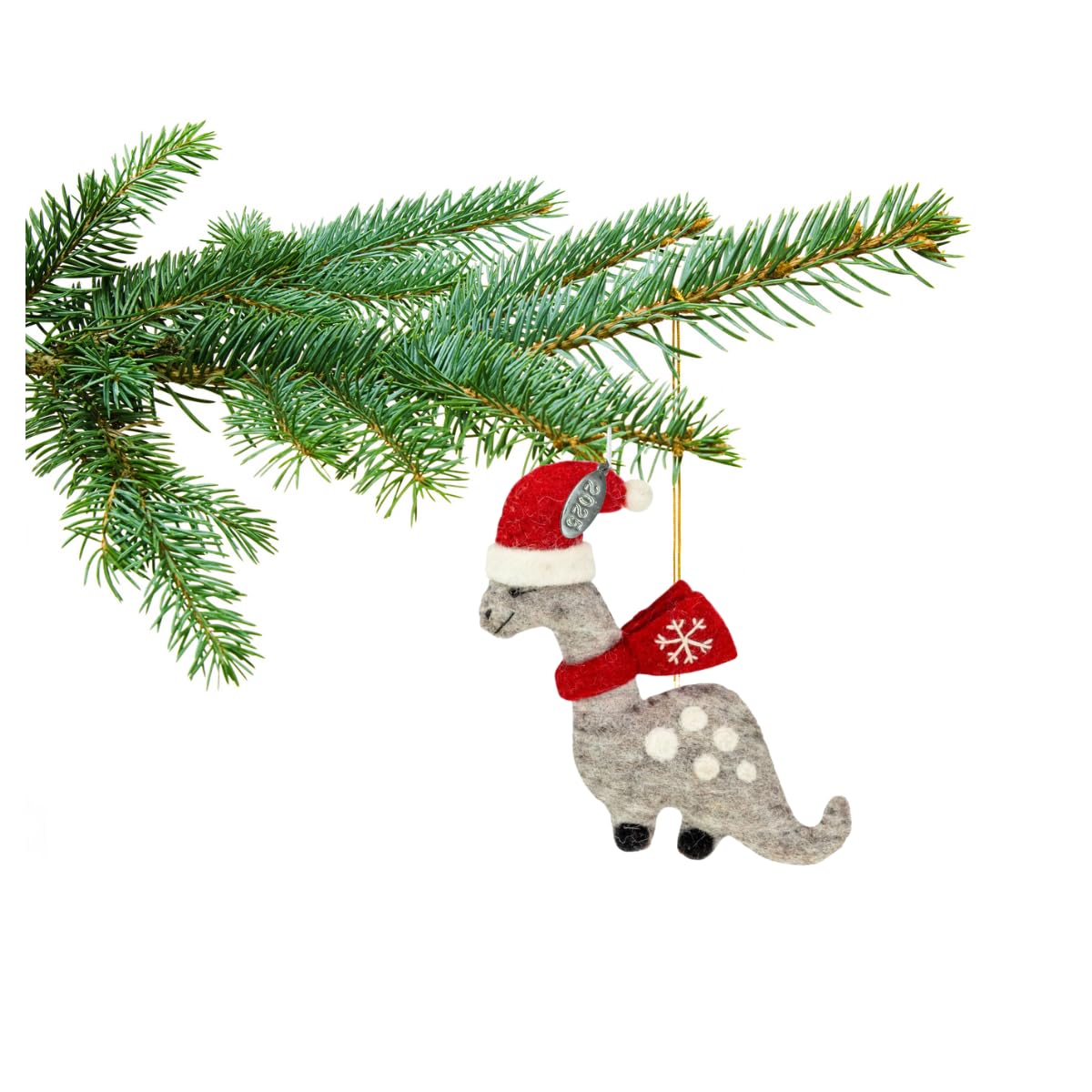 Dinosaur Christmas Ornament, Dinosaur Gift for Boys, Cute Brontosaurus with Red Scarf, Felted Felt Wool Fair Trade, Hand Felted Made in Nepal-Comes in a Gift Box