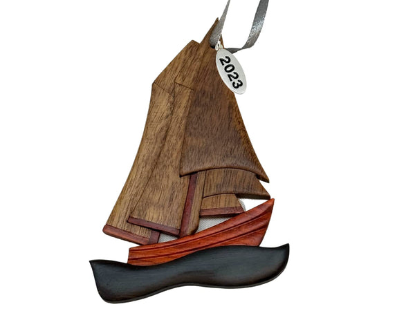 Handcrafted Two-Sided Sailboat Ornament - Great as Navy Ornaments or Sail Boat Gift Idea, with Intarsia Wood Colors, 3 Inch Size, Includes Ribbon, 2023 Hangtag & Gift Box Included