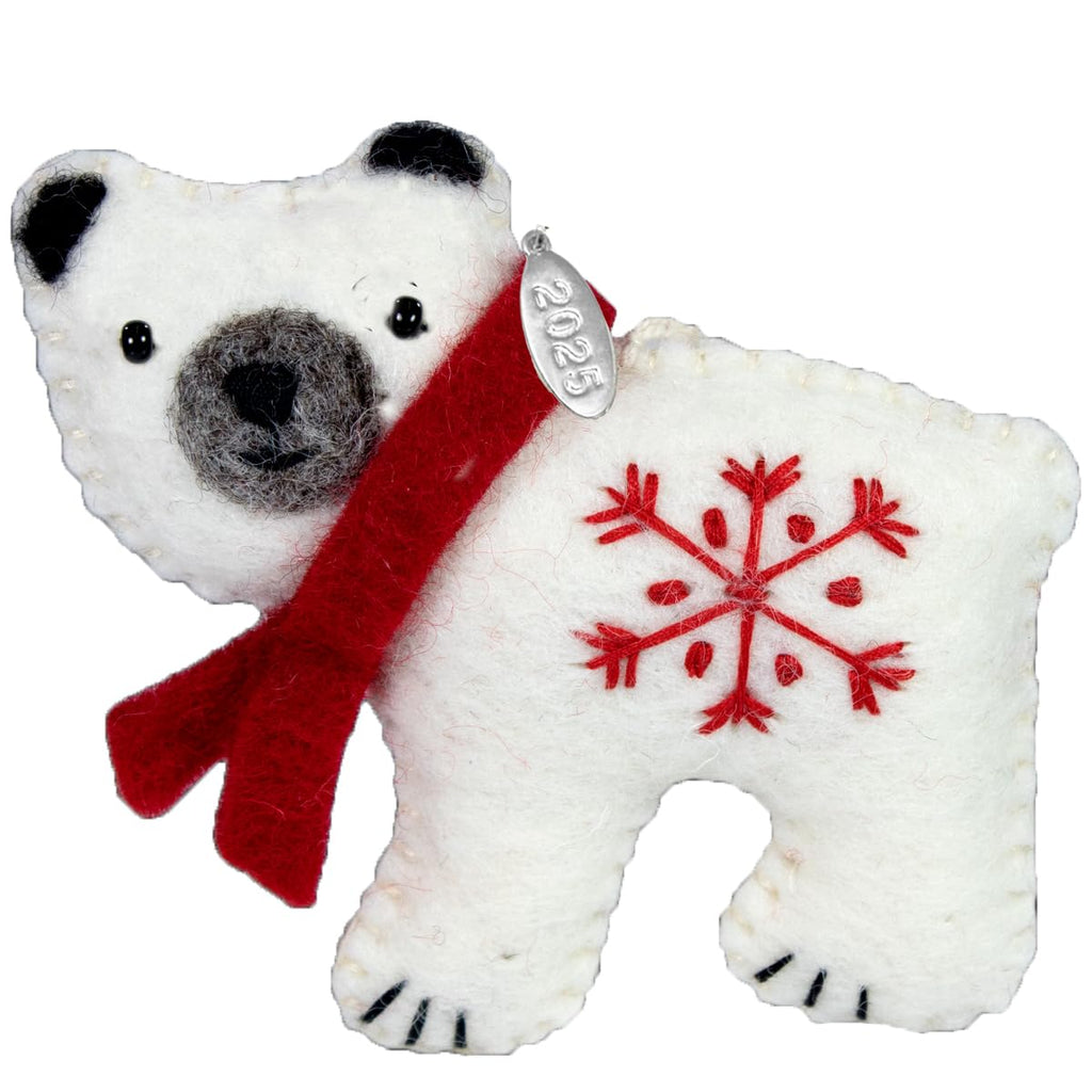 Cute Polar Bear Gifts, Felt Polar Bear Ornament, 2025 Fair Trade Christmas Ornament, Hand Felted Made in Nepal - Comes in a Gift Box