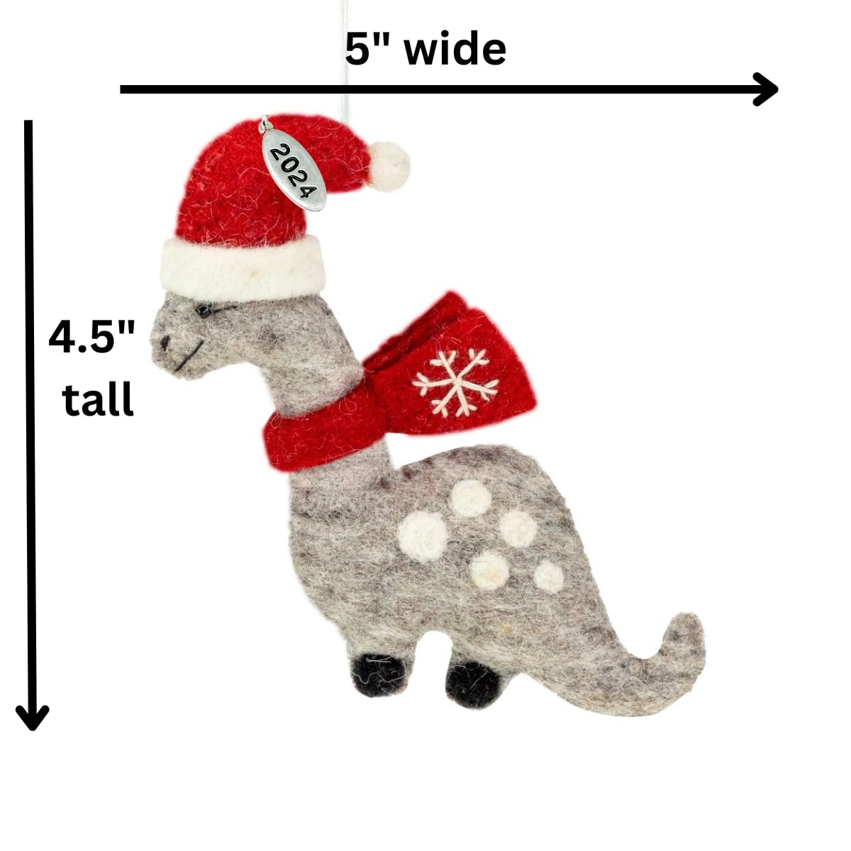 Dinosaur Christmas Ornament, Dinosaur Gift for Boys, Cute Brontosaurus with Red Scarf, Felted Felt Wool Fair Trade, Hand Felted Made in Nepal-Comes in a Gift Box