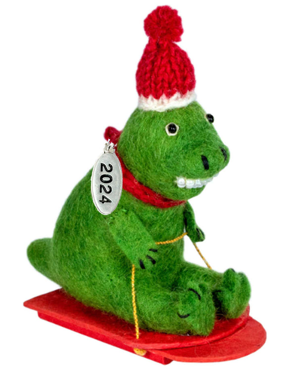 T-Rex Ornament Sledding - 2024 5 Inch Size, Felted Felt Wool Fair Trade, Hand Felted Made in Nepal - In A Gift Bag