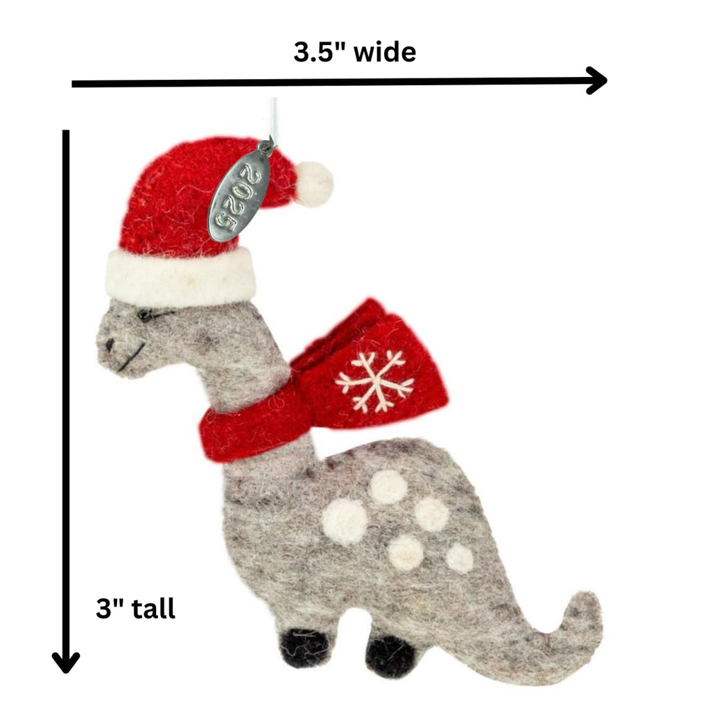 Dinosaur Christmas Ornament, Dinosaur Gift for Boys, Cute Brontosaurus with Red Scarf, Felted Felt Wool Fair Trade, Hand Felted Made in Nepal-Comes in a Gift Box
