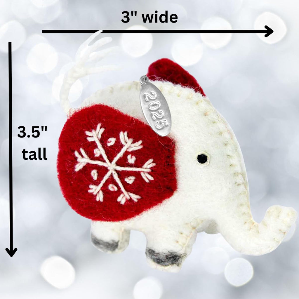 Felt Christmas Ornaments - Lucky Little Elephant Ornaments 2025 - Fair Trade, Hand Felted Made in Nepal - Comes in a Gift Bag so It's Ready for Giving!