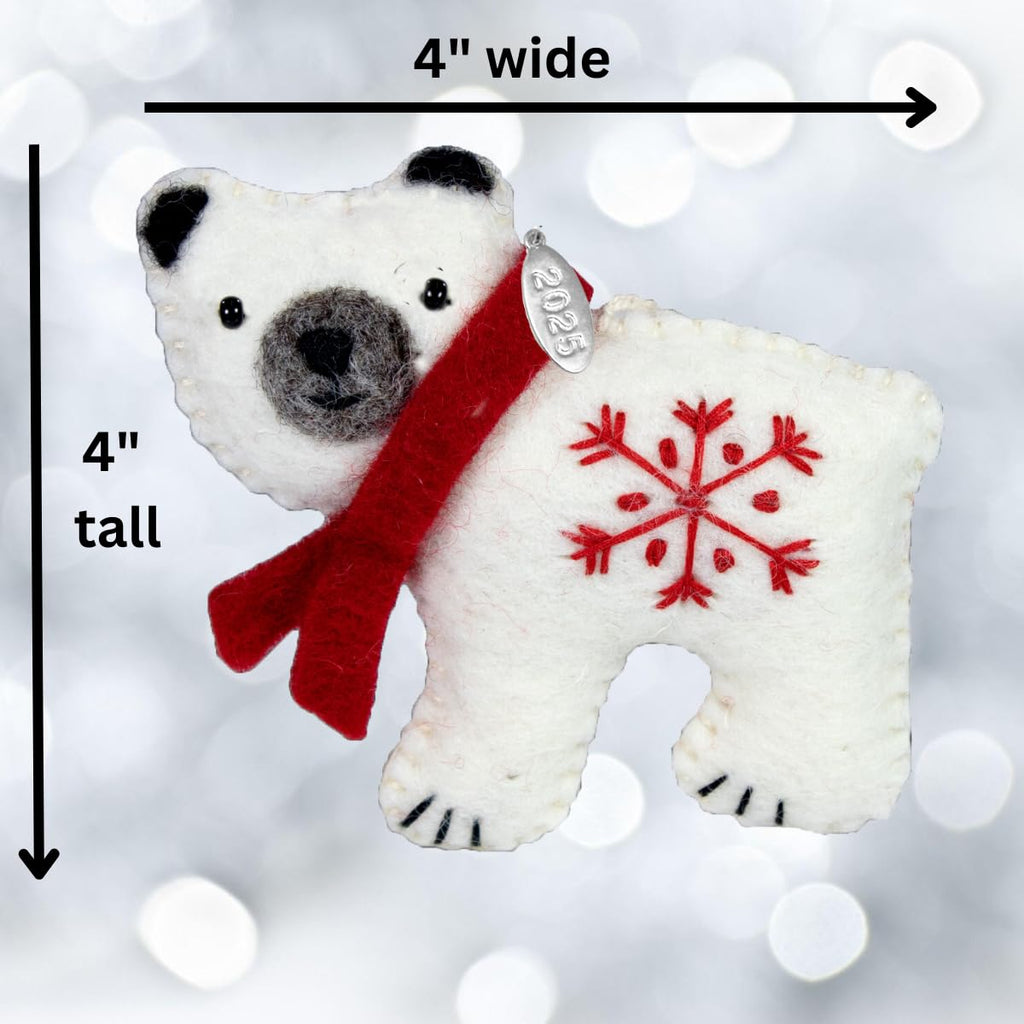 Cute Polar Bear Gifts, Felt Polar Bear Ornament, 2025 Fair Trade Christmas Ornament, Hand Felted Made in Nepal - Comes in a Gift Box