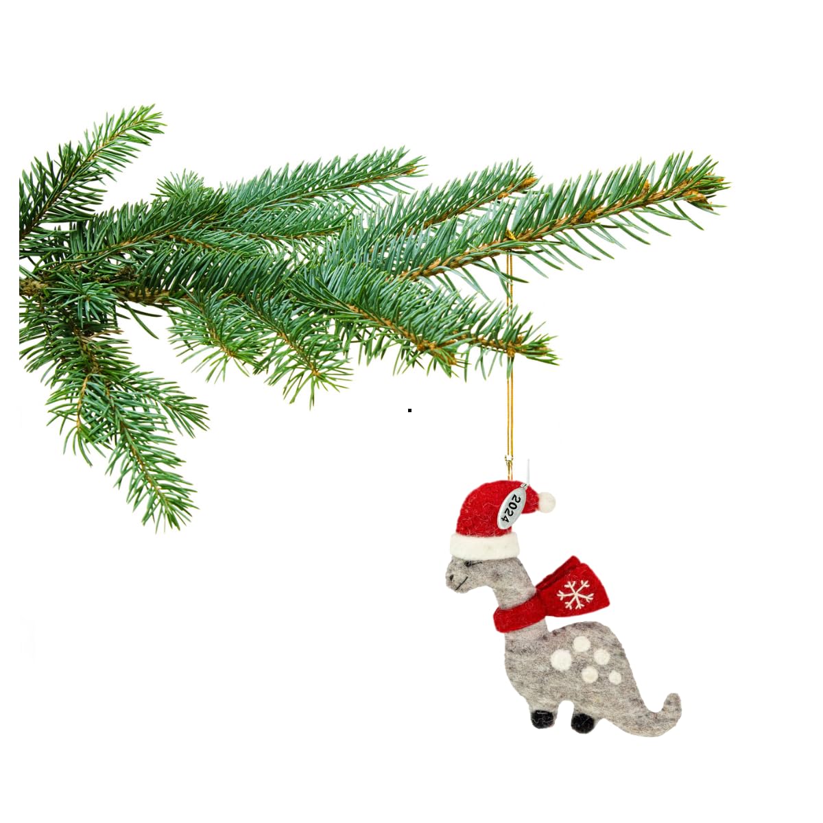 Dinosaur Christmas Ornament, Dinosaur Gift for Boys, Cute Brontosaurus with Red Scarf, Felted Felt Wool Fair Trade, Hand Felted Made in Nepal-Comes in a Gift Box