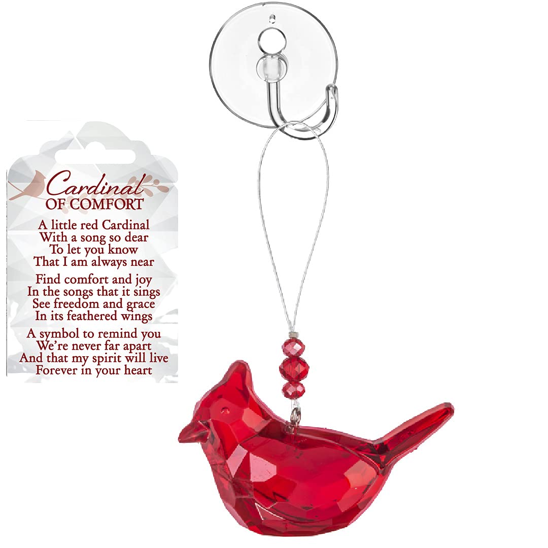 Memorial Cardinal Ornament Gift Red Bird Hanging Crystal Window Decor, Story Card and Suction Cup, Sign of a Visitor from Heaven (Cardinal Of Comfort)