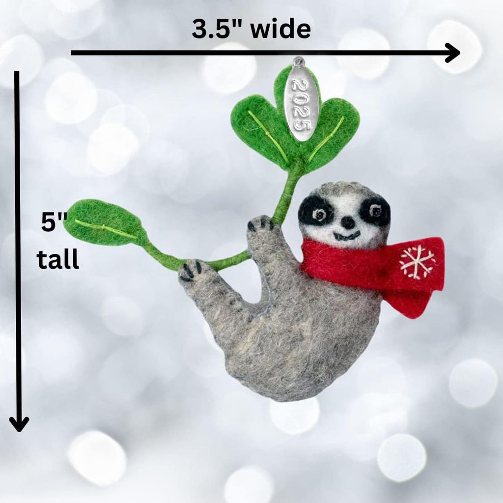 Felt Sloth Christmas Ornament 2025 - Fair Trade, Made in Nepal - Comes in a Gift Bag