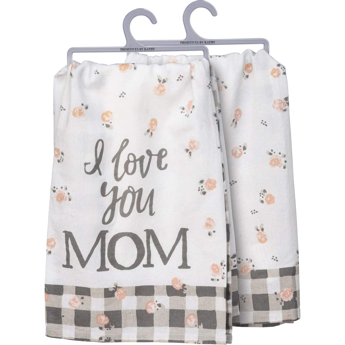 I Love You Mom Pink Roses and Plaid Trim Printed Kitchen Dish Towel