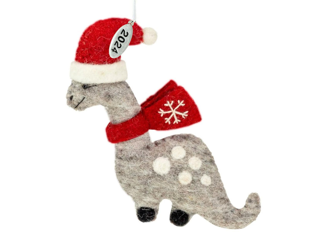 Dinosaur Christmas Ornament, Dinosaur Gift for Boys, Cute Brontosaurus with Red Scarf, Felted Felt Wool Fair Trade, Hand Felted Made in Nepal-Comes in a Gift Box