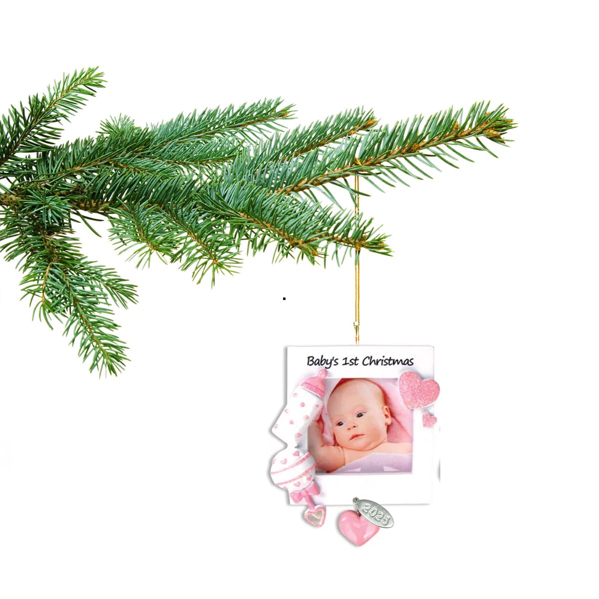 Pink Baby Girl Picture Frame Ornament, Baby's First Christmas - Can Be Personalized at Home - In Gift Box