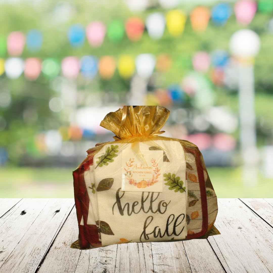 4 pc Fall Kitchen Towel Set with Oven Mitt & Pot Holder - Cute Vintage Truck - Hello Fall Leaves- Tapestry Design, Comes in an Organza Bag so It's Ready for Giving!