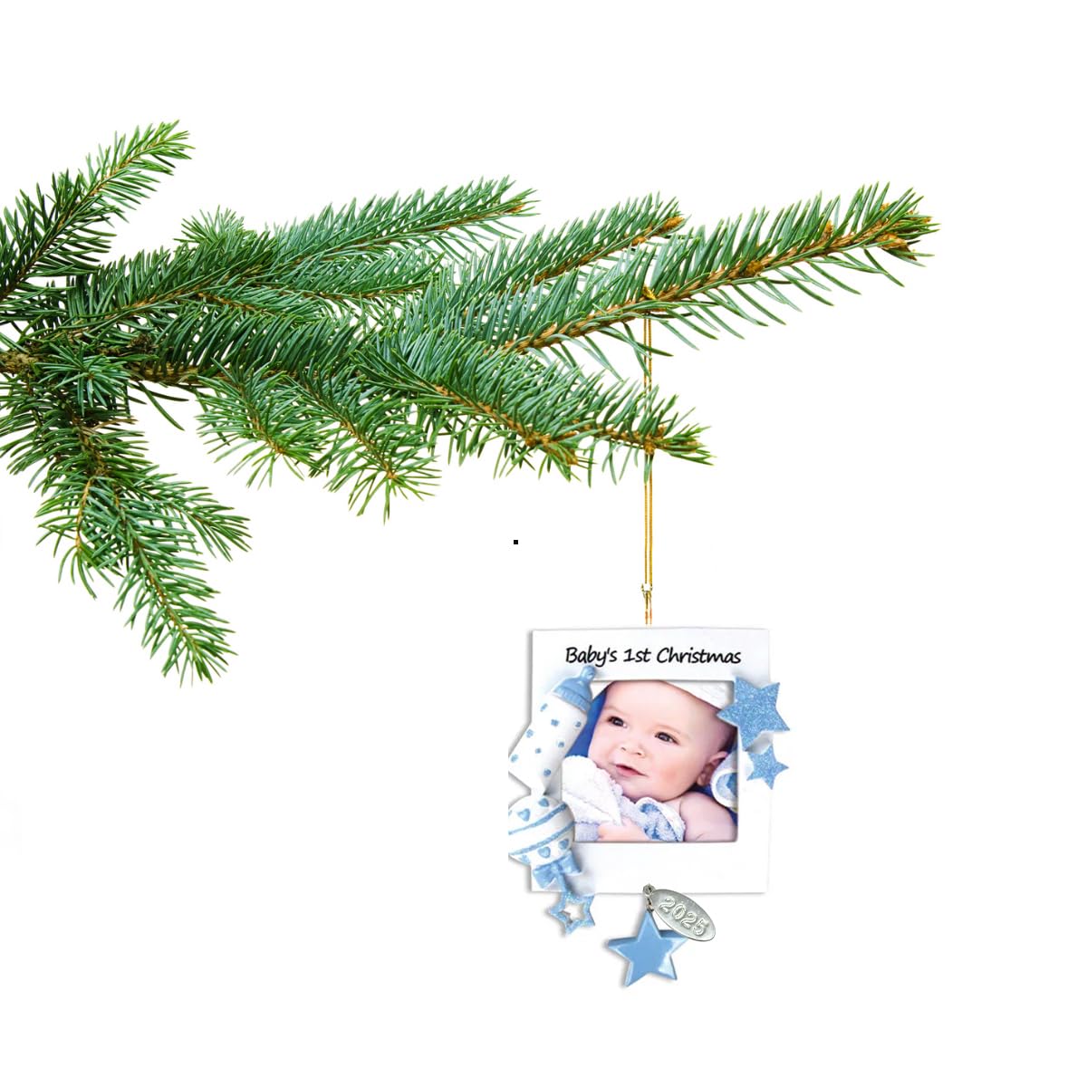 Blue Baby Boy Picture Frame Ornament, Baby's First Christmas - Can Be Personalized at Home - In Gift Box