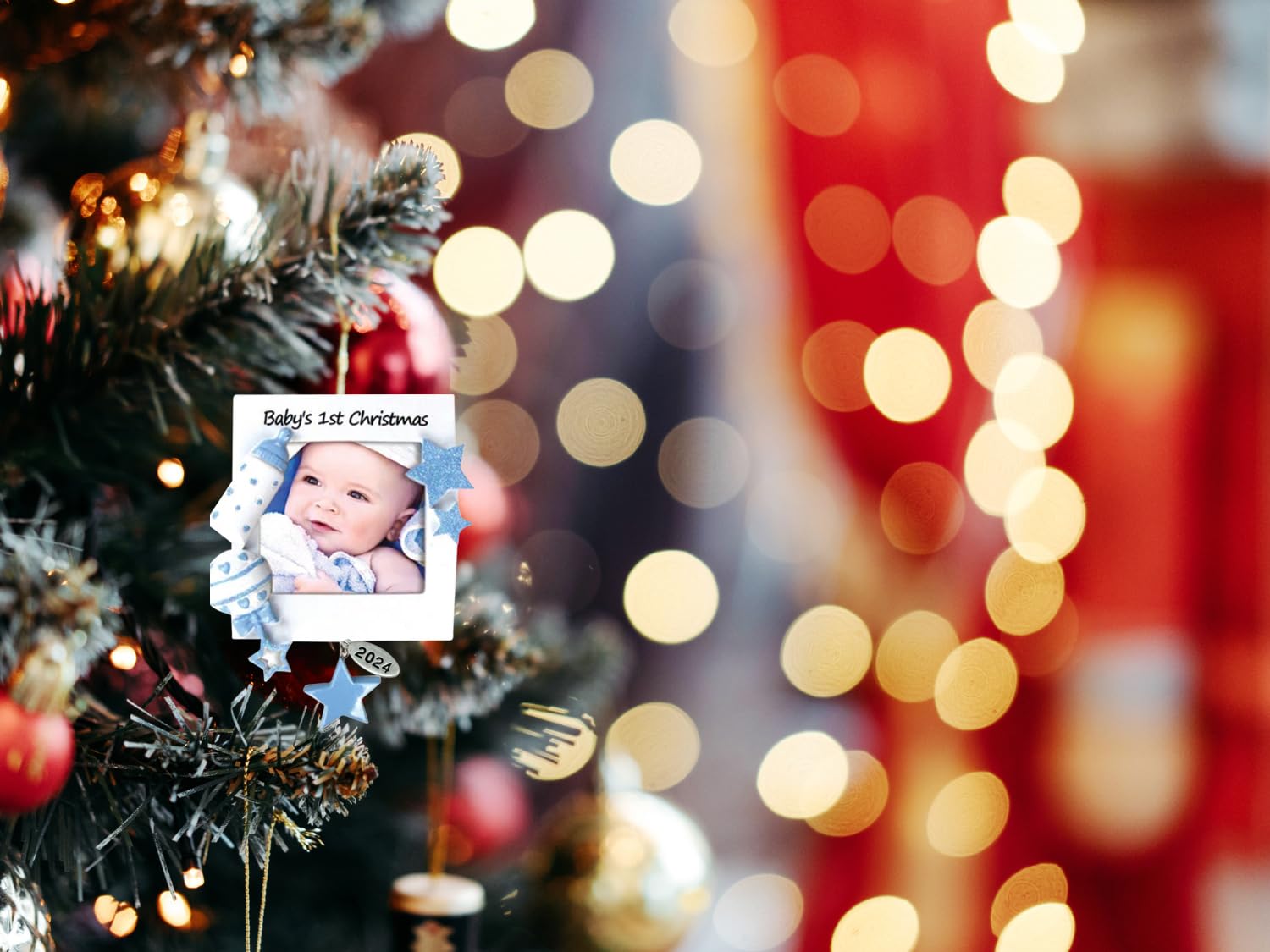 Blue Baby Boy Picture Frame Ornament, Baby's First Christmas - Can Be Personalized at Home - In Gift Box