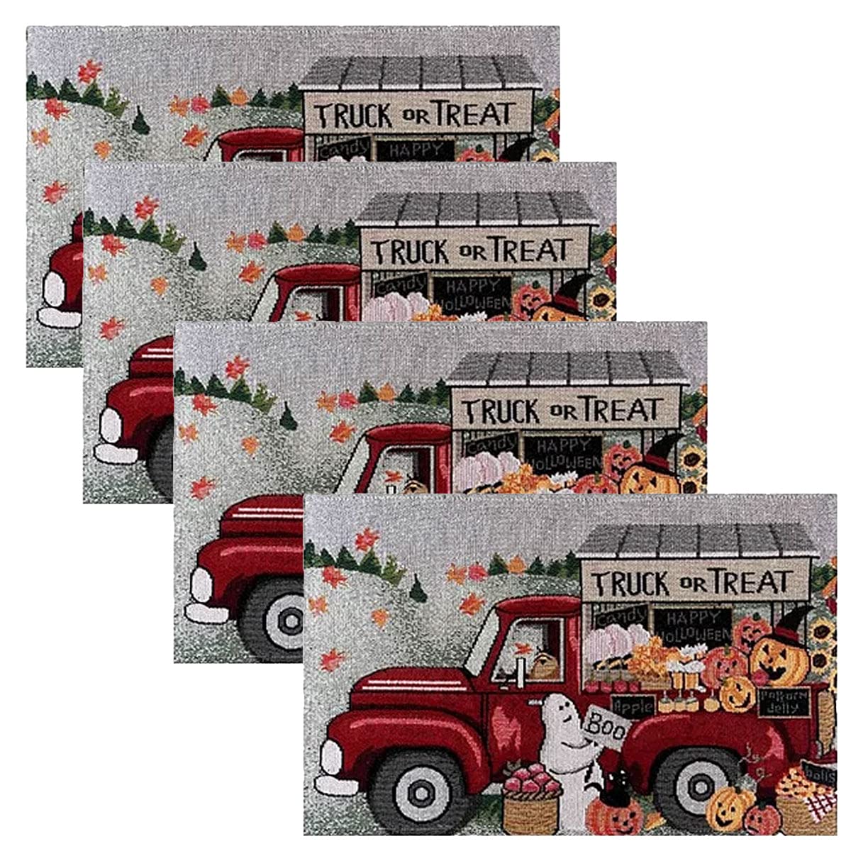 Set of 4 Halloween Placemats - Ghost with a Vintage Truck - Tapestry Style Designs - Comes in Gift Bag