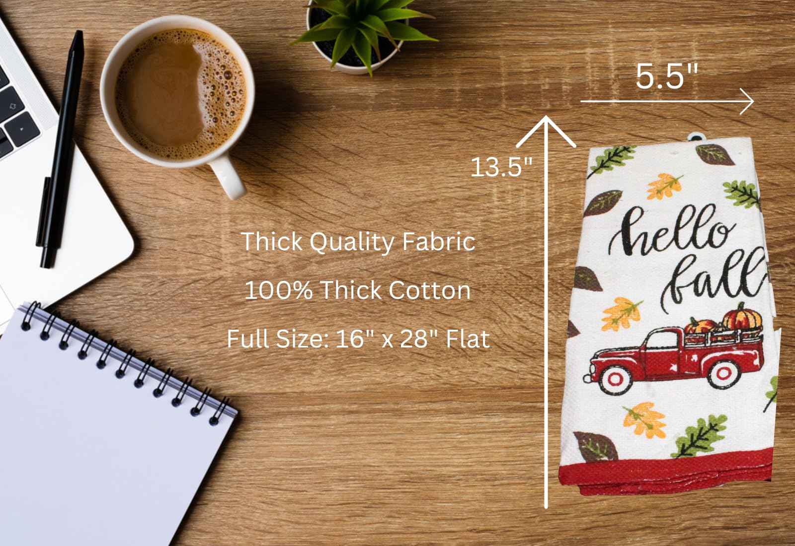 4 pc Fall Kitchen Towel Set with Oven Mitt & Pot Holder - Cute Vintage Truck - Hello Fall Leaves- Tapestry Design, Comes in an Organza Bag so It's Ready for Giving!