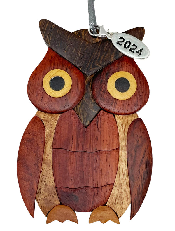 2024 Wooden Owl Ornament, Owl Christmas Ornaments - Two-Tone Wood Christmas Ornament - Intarsia Design - Comes in A Gift Box