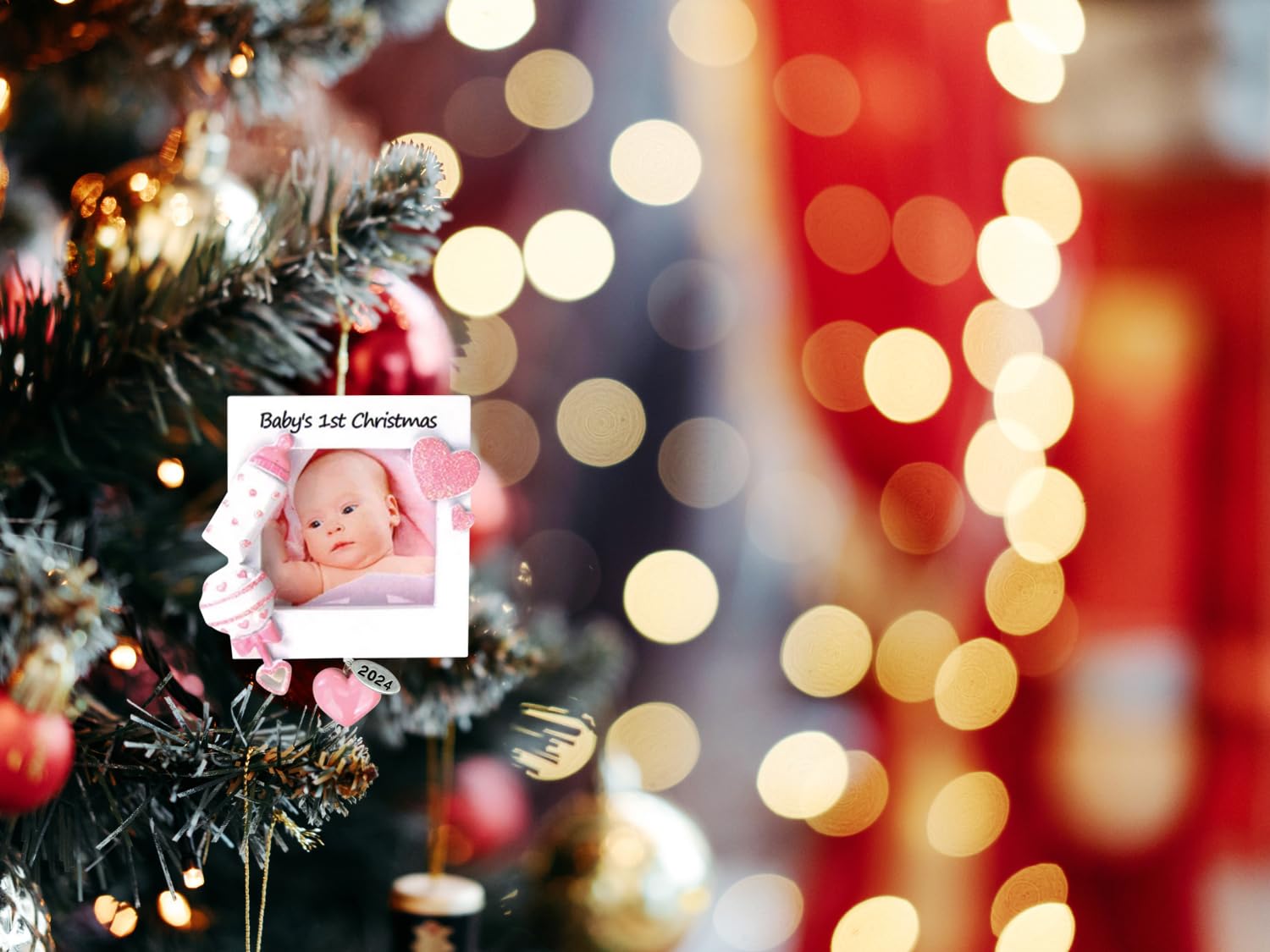 Pink Baby Girl Picture Frame Ornament, Baby's First Christmas - Can Be Personalized at Home - In Gift Box