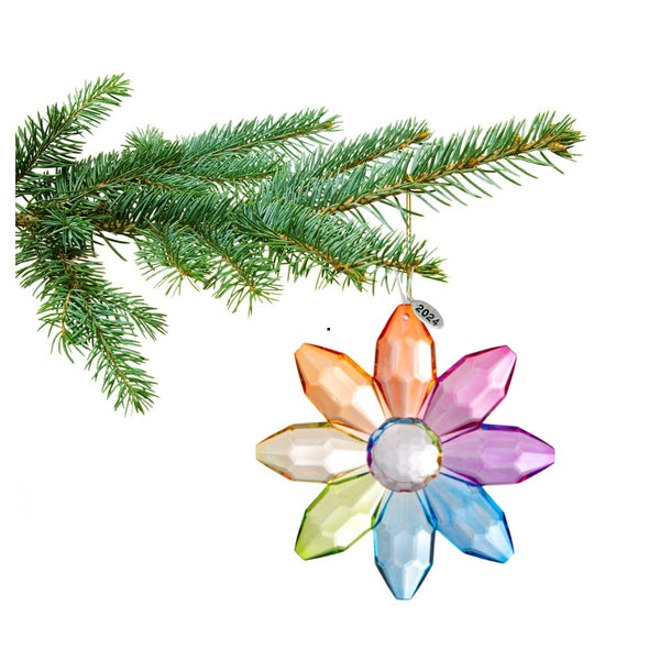 Rainbow Flower Suncatcher, Stunning Double-Sided Sparkling Acrylic Large 5" Hanging Flower Ornament, Sun Catcher or Car Charm - Includes A Suction Cup & 2024 Silver Hangtag, Comes in Gift Box