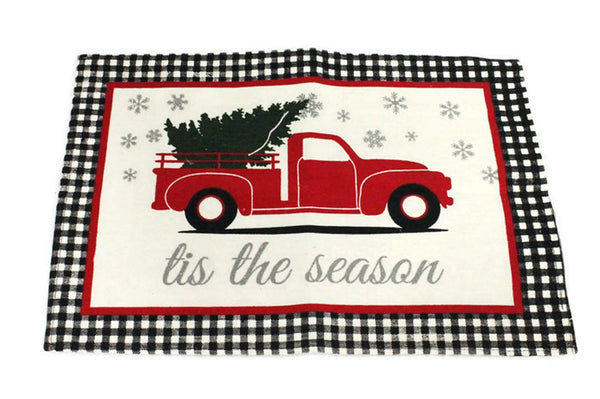 4 Pc Set - Christmas Placemats Set - Tapestry Style Holiday Buffalo Plaid Placemats with Large Vintage Truck Decor Design - Comes in an Organza Bag for Giving!