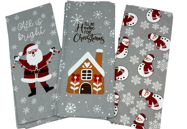 Set of 3 Flour Sack Holiday Christmas Kitchen Towels - Grey Flour Sack Christmas Towel Gift Set - Great for Secret Santa, Hostess, Stocking Stuffer - Comes in Organza Gift Bag