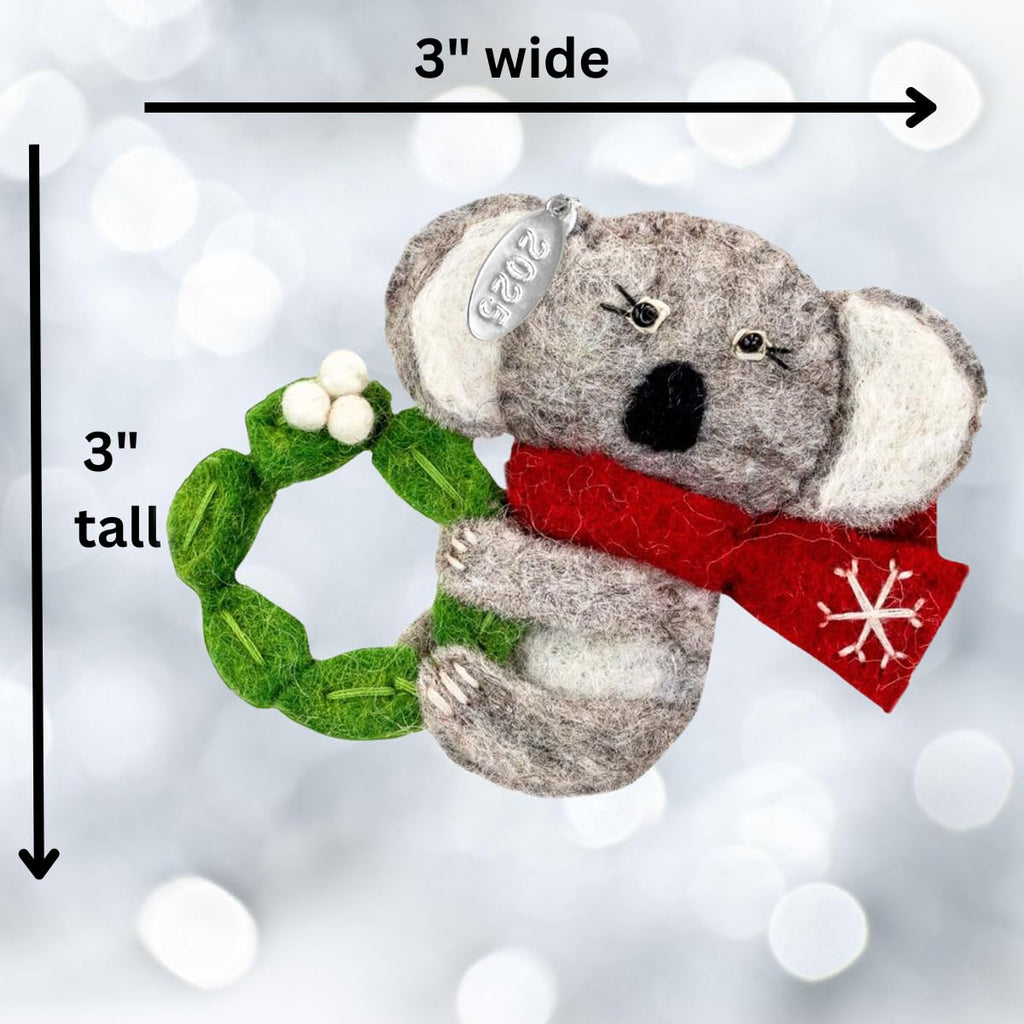 Koala Gifts, Koala Christmas Ornament, Felt Koala Ornament 2025, Fair Trade, Hand Felted Made in Nepal - Comes in a Gift Box so It's Ready for Giving!