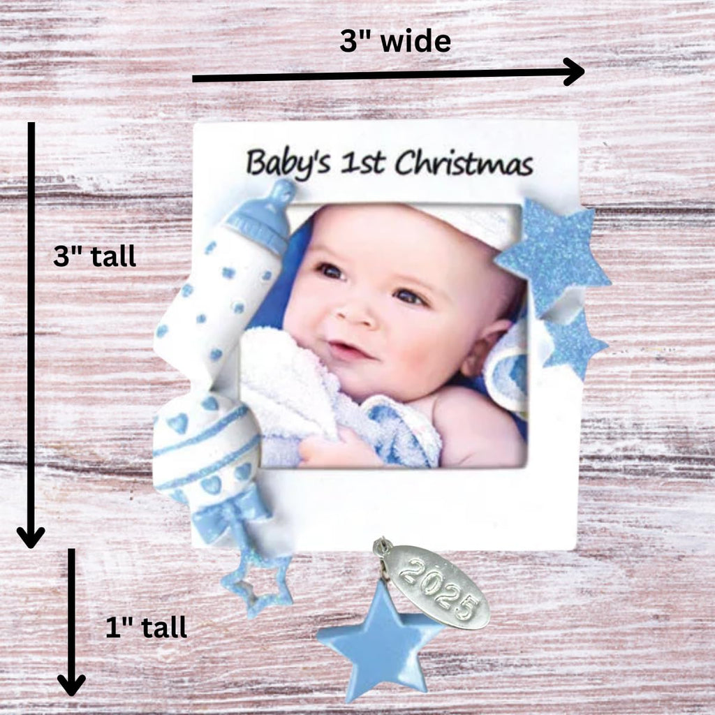 Blue Baby Boy Picture Frame Ornament, Baby's First Christmas - Can Be Personalized at Home - In Gift Box