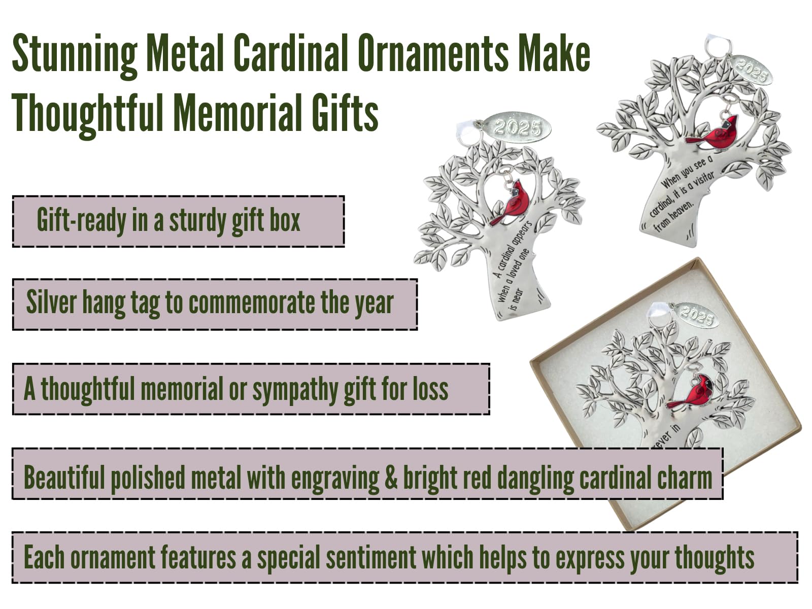 2025  Cardinal Memorial Ornament, Memorial Gifts for Men or Women, Cardinal Appears, Comes in Gift Box
