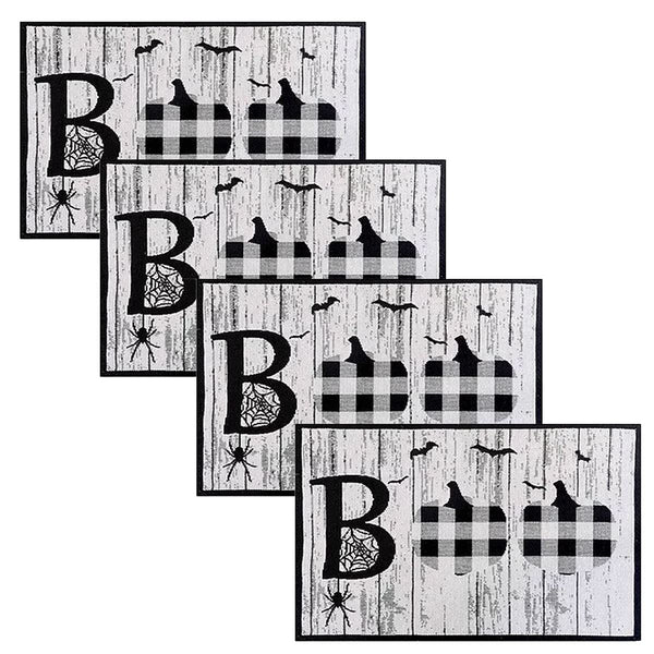 4 pc Halloween Placemats Set - Buffalo Plaid Placemats Halloween Boo Pumpkins Tapestry Style, Comes in Gift Bag