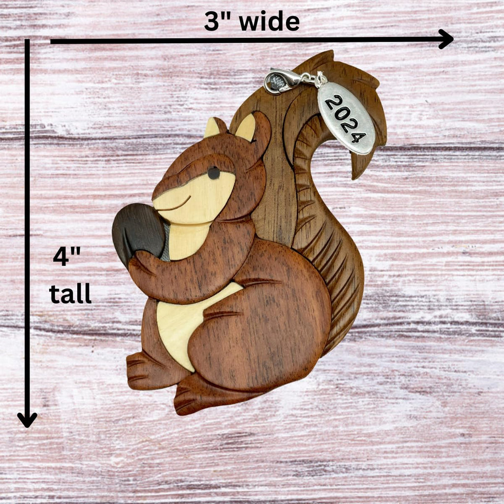 2026 Squirrel Ornament Two-Tone Wood Christmas Ornament - Handcrafted Wood Intarsia Design - Comes in A Gift Box So It's Ready for Giving