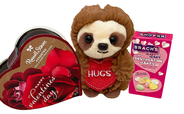 Valentines Day Gifts - 3 Pc Valentines Gift Set - Valentine Sloth Plush Friend "HUGS" with 1.75 oz Russell Stover Chocolate Heart Candy and Conversation Hearts