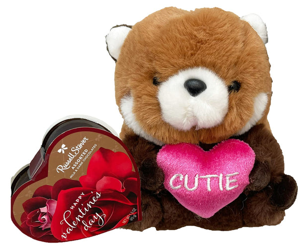 Valentines Day Gifts - 2 Pc Valentines Gift Set - Valentine Red Panda Bear Plush Friend with "CUTIE" sign and a 1.75 oz Russell Stover Chocolate Heart Candy Box