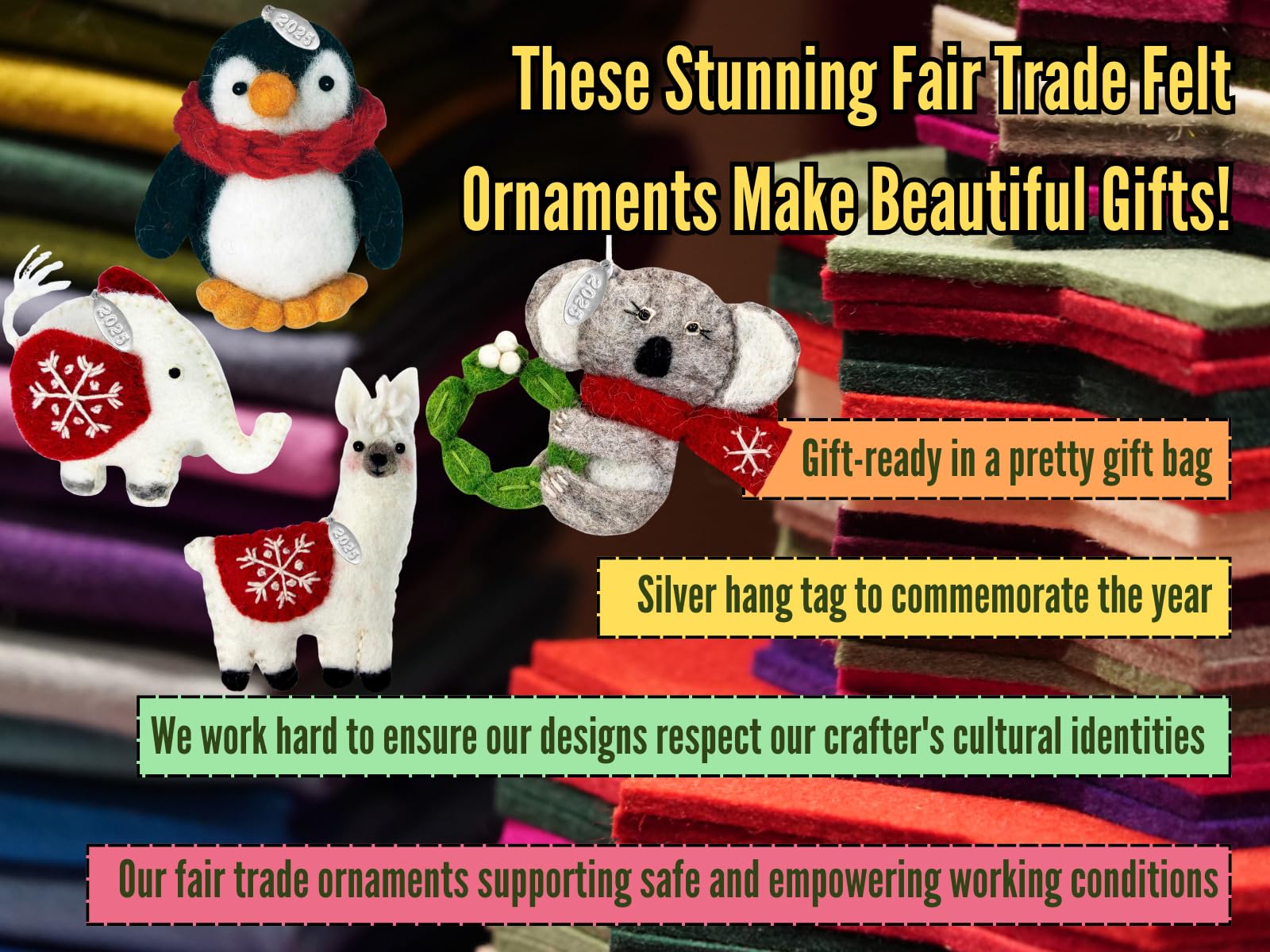 Cute Felt Rainbow Christmas Ornament, Felt Fair Trade, Made in Nepal - Comes in a Gift Bag