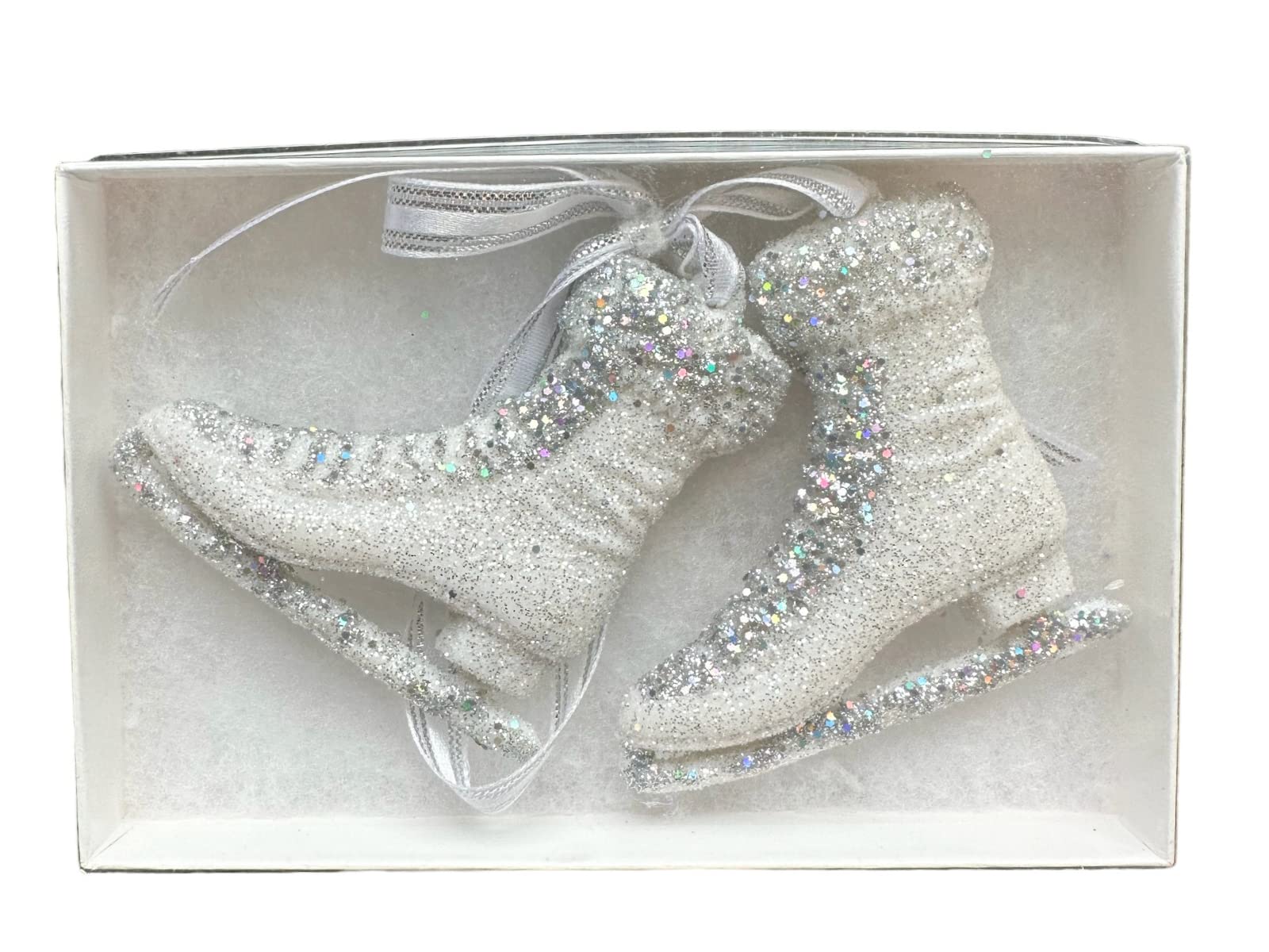 Ice Skate Ornament Glittre, White Ribbon Bow, 2025 Hangtag, Comes in Gift Box