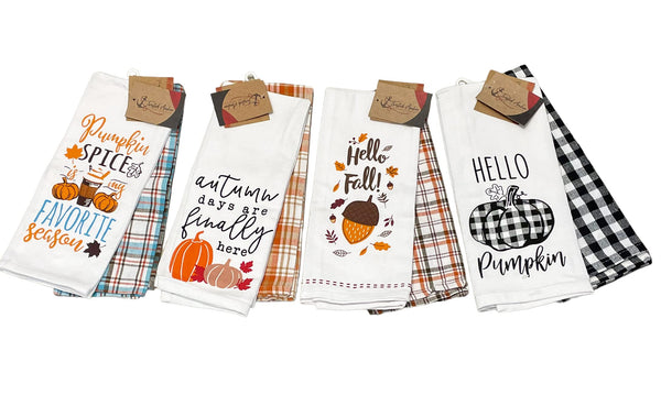 8 PC Checked Flour Sack Fall Thanksgiving Plaid Kitchen Towels Gift Set w Hello Pumpkin