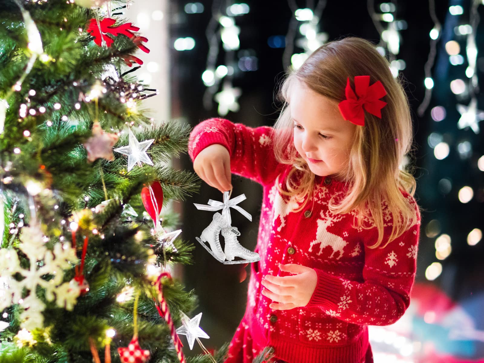 Ice Skate Ornament Glittre, White Ribbon Bow, 2025 Hangtag, Comes in Gift Box