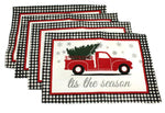 4 Pc Set - Christmas Placemats Set - Tapestry Style Holiday Buffalo Plaid Placemats with Large Vintage Truck Decor Design - Comes in an Organza Bag for Giving!