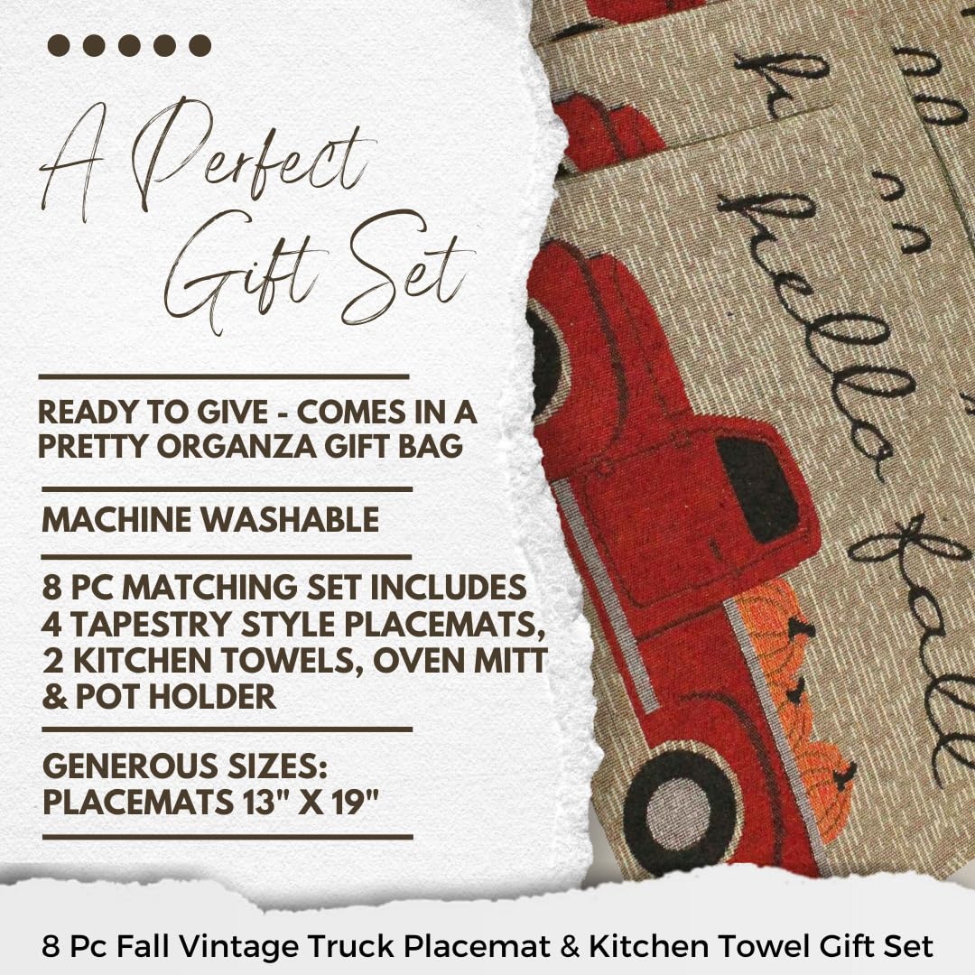 8 pc Vintage Truck Fall Kitchen Decor Set - Hello Fall - Matching Fall Placemats, Kitchen Towels, Pot Holder, and Oven Mitt - Comes in an Organza Bag so It's Ready for Giving!