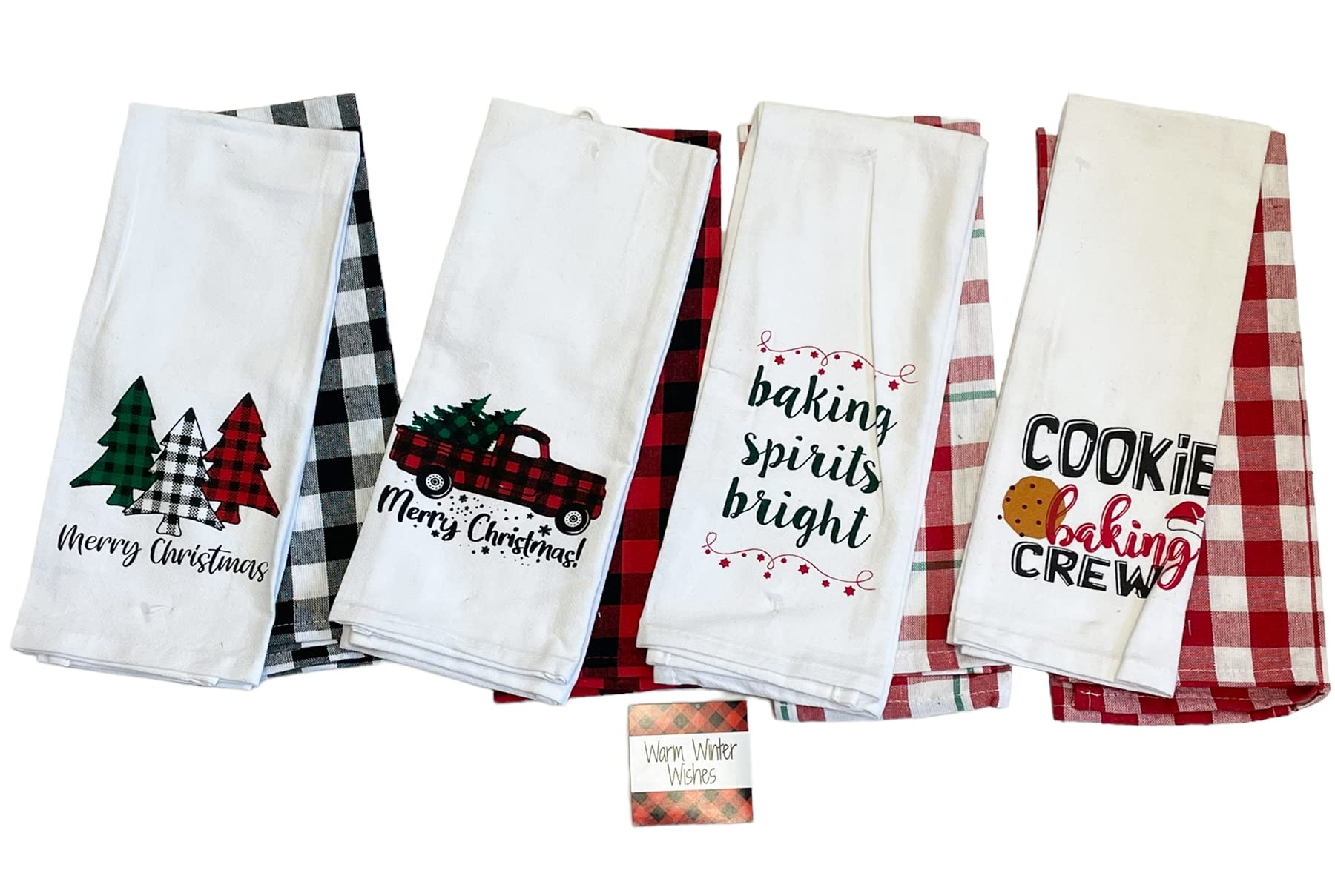 Set of 8 Flour Sack Holiday Christmas Plaid Kitchen Towels Gift Set - Christmas Kitchen Towel Set - Comes in Organza Gift Bag