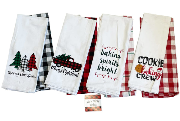 Set of 8 Flour Sack Holiday Christmas Plaid Kitchen Towels Gift Set - Christmas Kitchen Towel Set - Comes in Organza Gift Bag