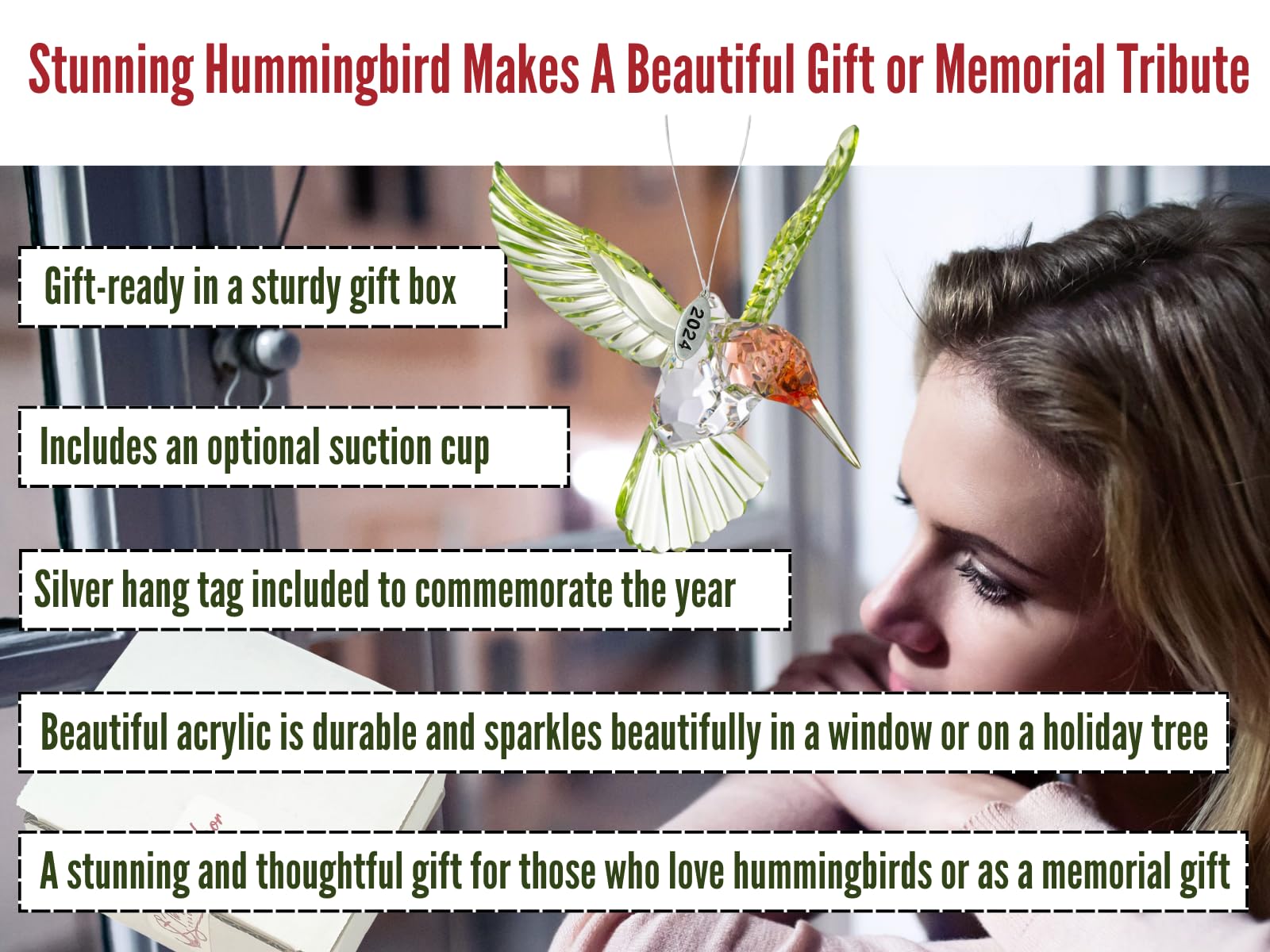 Crystal Suncatcher with Prism - 2025 Red-Throated Hummingbird Acrylic Ornament, Stunning Hummingbird Suncatcher or Hummingbird Memorial Ornament, Includes Suction Cup, 2025 hangtag and Gift Box
