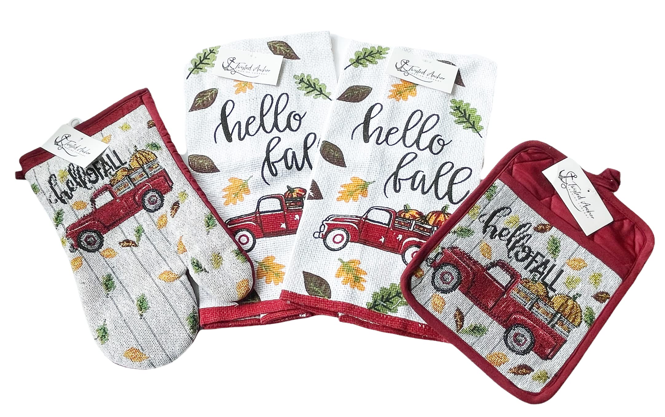 4 pc Fall Kitchen Towel Set with Oven Mitt & Pot Holder - Cute Vintage Truck - Hello Fall Leaves- Tapestry Design, Comes in an Organza Bag so It's Ready for Giving!